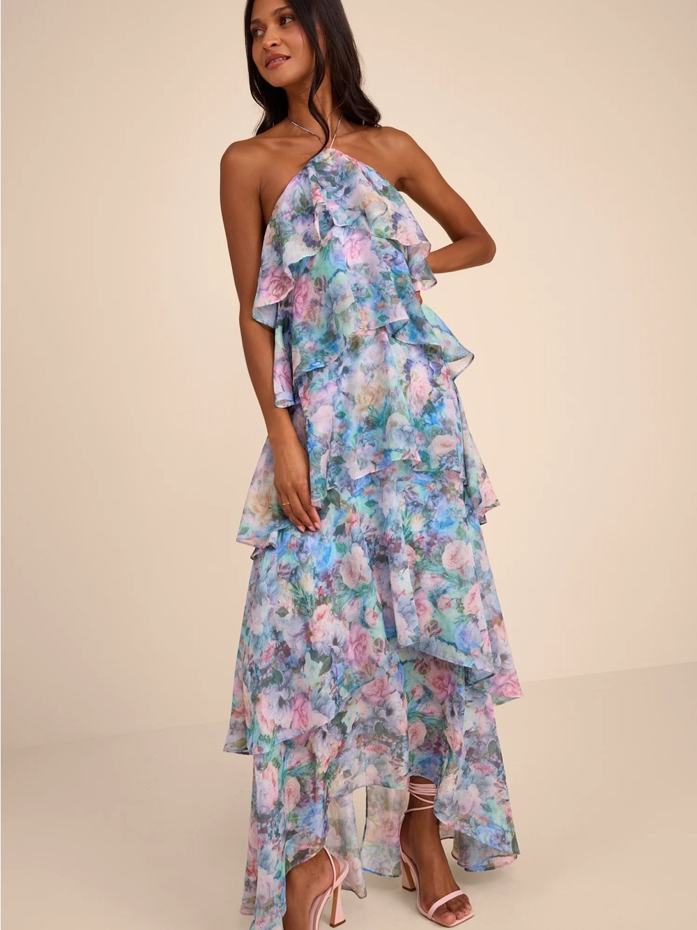 Lulu's Pastel Floral Tiered Chiffon Maxi Dress - Pink, Blue, Green